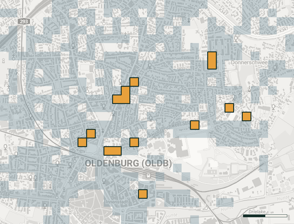 Ausschnitt der Karte mit 15 der 20 Top-Zellen in Bernstein auf entsättigter basemap.de-Unterlage; der größte Block (4 Zellen, Straßenzug 1) liegt an Steubenstraße / Lehmkuhlenstraße / Nadorster Straße.