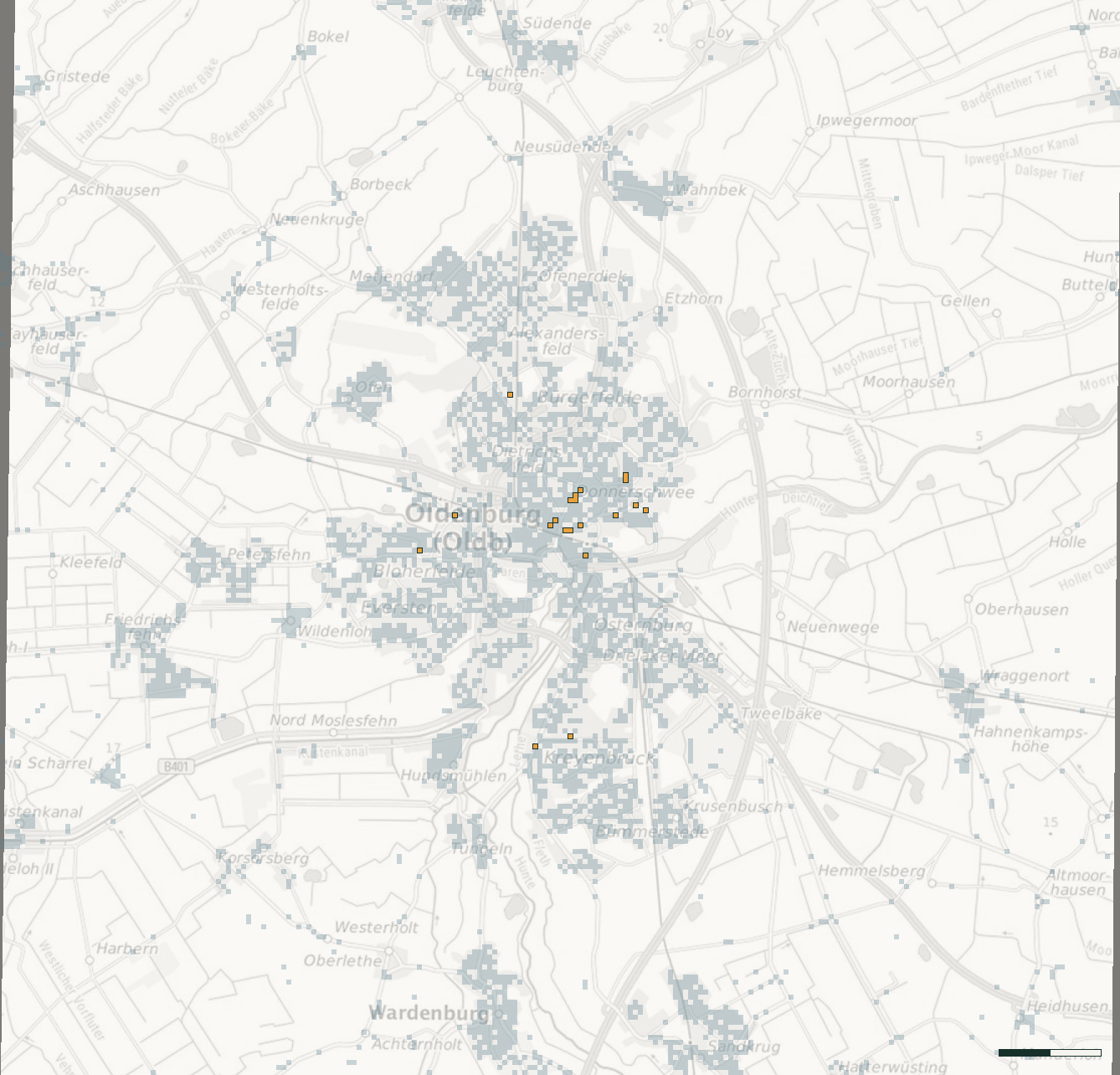 Karte des Landsat-Ausschnitts Oldenburg und Umland in Graustufen; 3 915 Suchraum-Zellen in Schiefer verteilen sich über die kompakte Stadt, die 20 Bernstein-Zellen der Spitzengruppe bilden 14 Straßenzüge; der größte (4 Zellen) liegt an Steubenstraße / Lehmkuhlenstraße / Nadorster Straße.